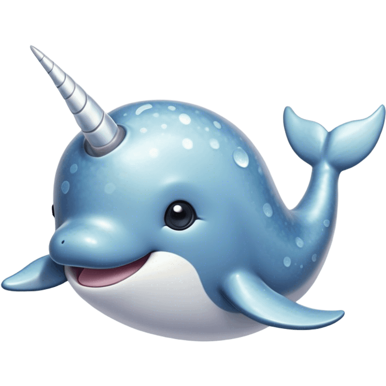 Cinematic Cute Narwhal Portrait Emoji, Head tilted playfully and inquisitively, showcasing a sleek, streamlined body with subtly iridescent, mottled gray skin and a prominently spiraled ivory tusk, complemented by round, sparkling eyes full of gentle wonder, Simplified yet irresistibly adorable features, highly detailed, glowing with a warm, friendly arctic glow, high shine, affectionate and lively, stylized with a touch of whimsical marine charm, soft glowing outline, capturing the essence of a mischievous yet loving narwhal that seems as if it could frolic out of the screen into your heart! emoji