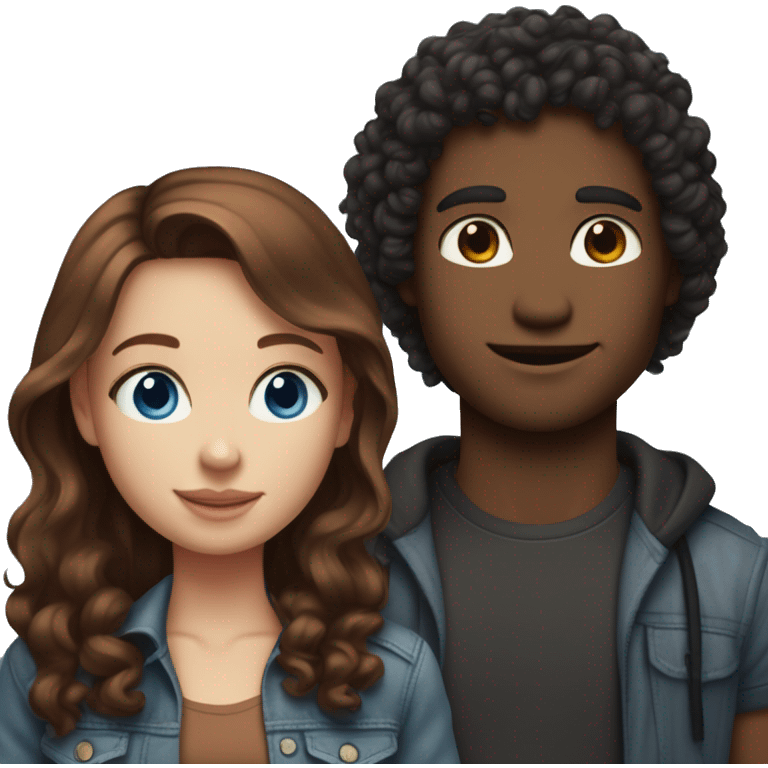 do couples with the girl having medium length dark red hair and blue eyes, skin not super fair but light and the boy having same skin tone, black curly hair and brown eyes. If emojis of them standing do streetstyle clothing for both.  emoji