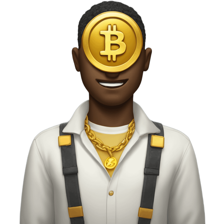 Man with golden dollar in place of his eyes, and a Bitcoin logo on his chest. emoji