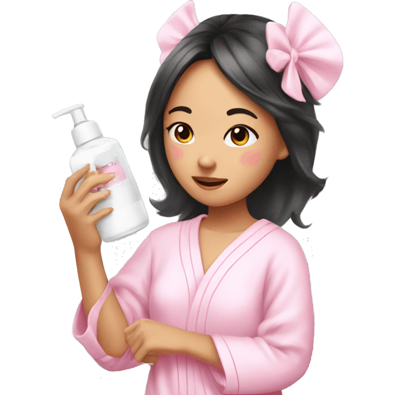 angelic asian girl doing skin care in pink pajamas emoji