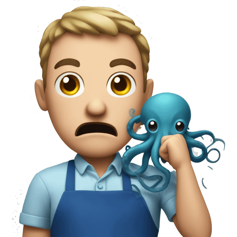 angry guy in a blue apron with an octopus in his hands emoji