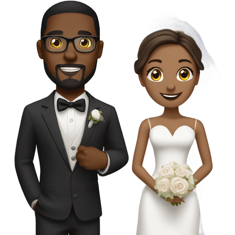 Handsome African-American groom with goat tee and brunette Caucasian bride both wearing glasses emoji