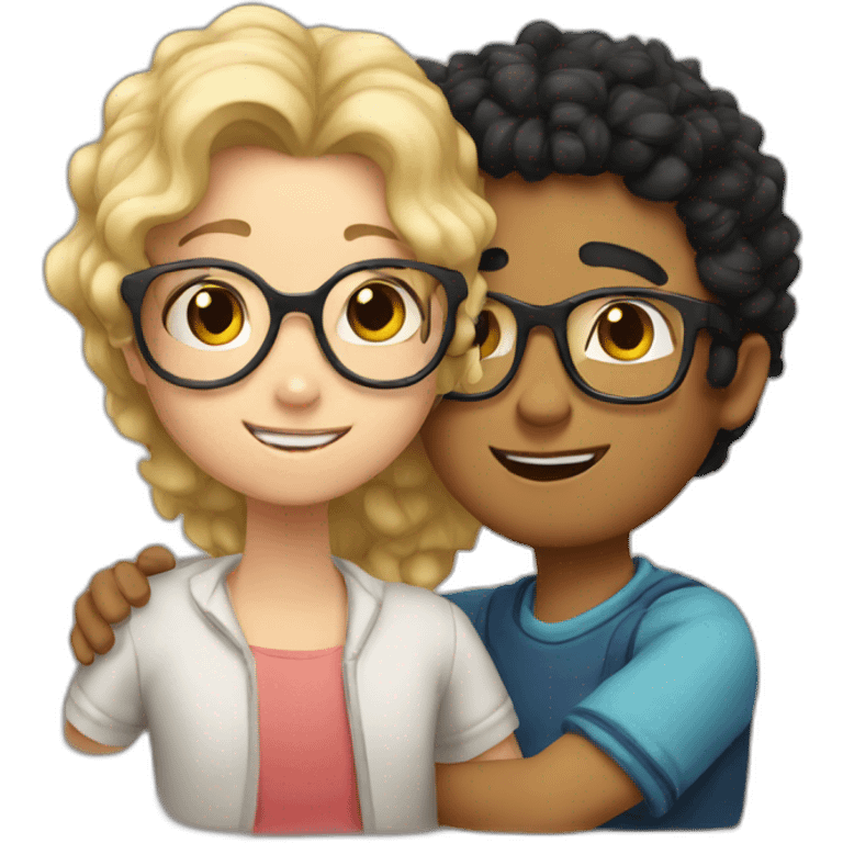 boy with curly blonde hair and glasses hugging girl with black hair and glasses emoji