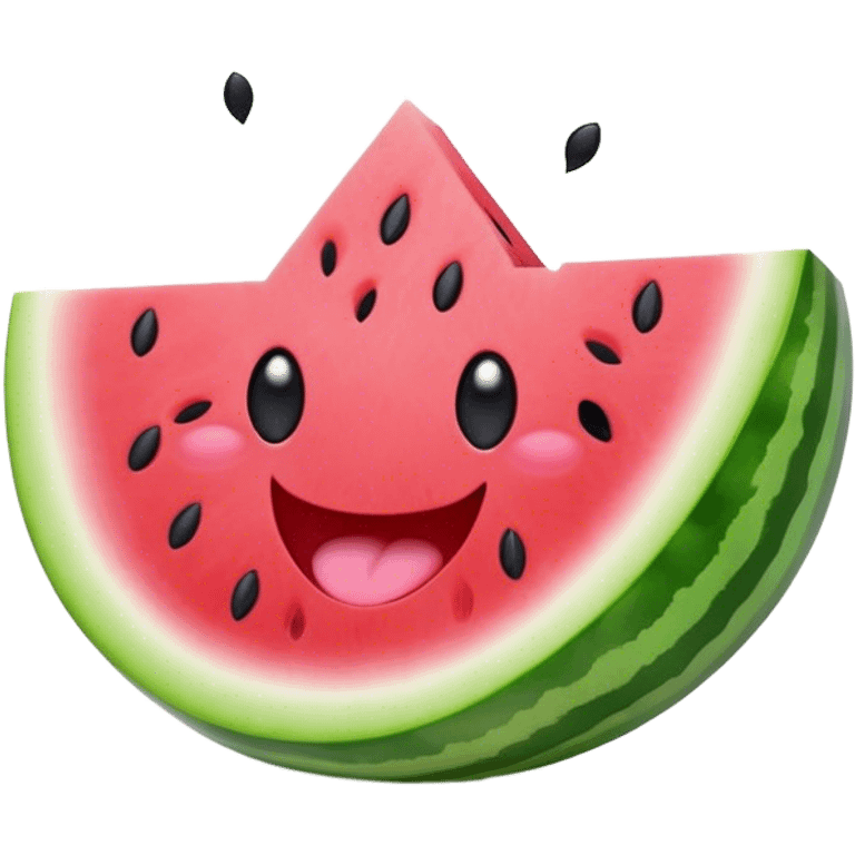 Cute Kawaii Watermelon Slice, juicy and vibrant, soft pastel green rind with pink flesh, tiny black seeds shaped like hearts, an adorable happy face with cute round eyes, bursting with summer energy! emoji