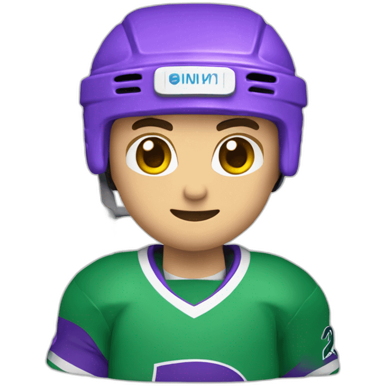 Un joueur de hockey avec un chandaille mauve et vert emoji