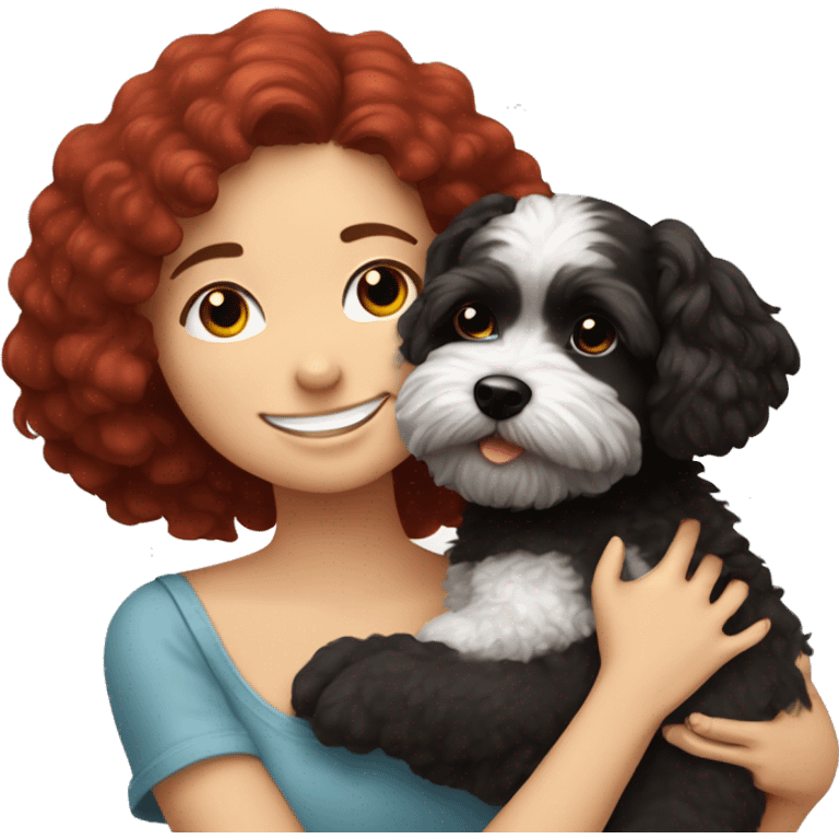 Dark-red-haired girl hugs  her Maltipoo-Black-dog emoji