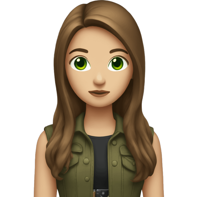  girl with long brown hair green eyes with gun emoji