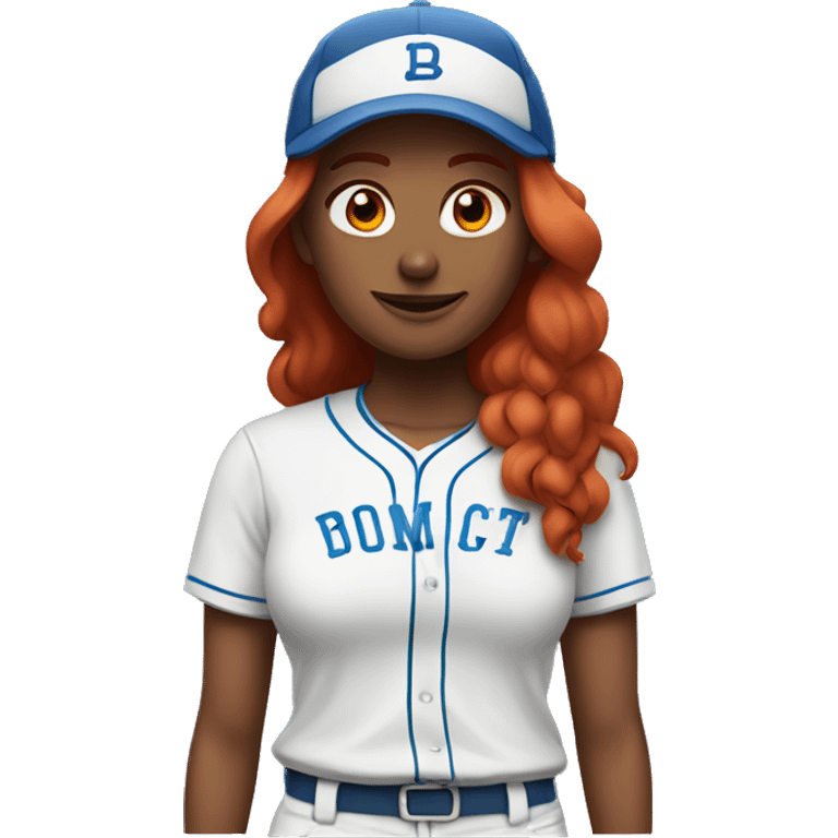 front facing, standing female coach with long red hair, wearing a white t-shirt and a simple blue baseball hat emoji