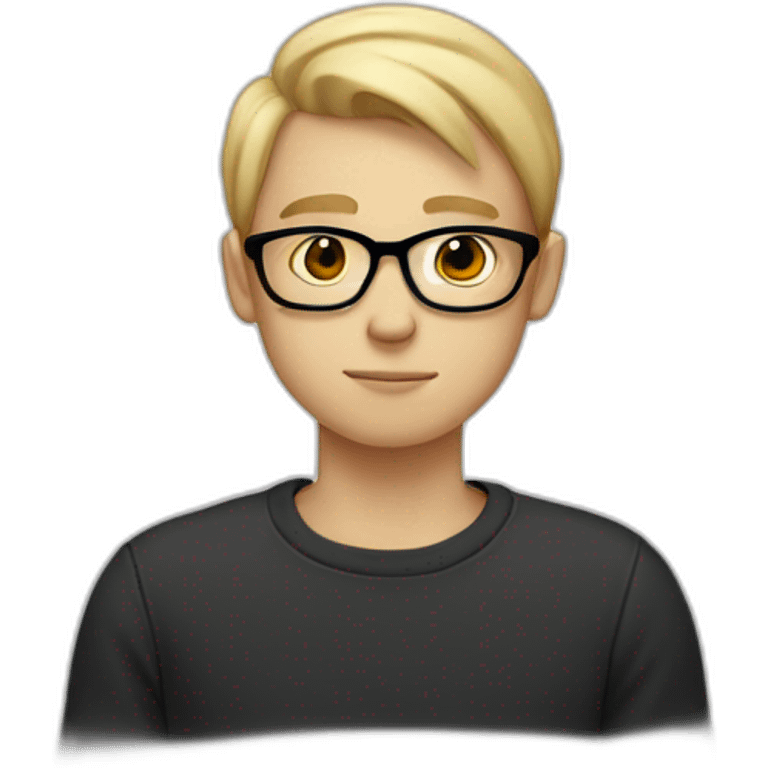 thin white teenager with blond hair.  He is cross-eyed and wears black glasses.  he has a triangular shaped head.  he is also wearing a white sweater.  he has dark eyes and a long face emoji