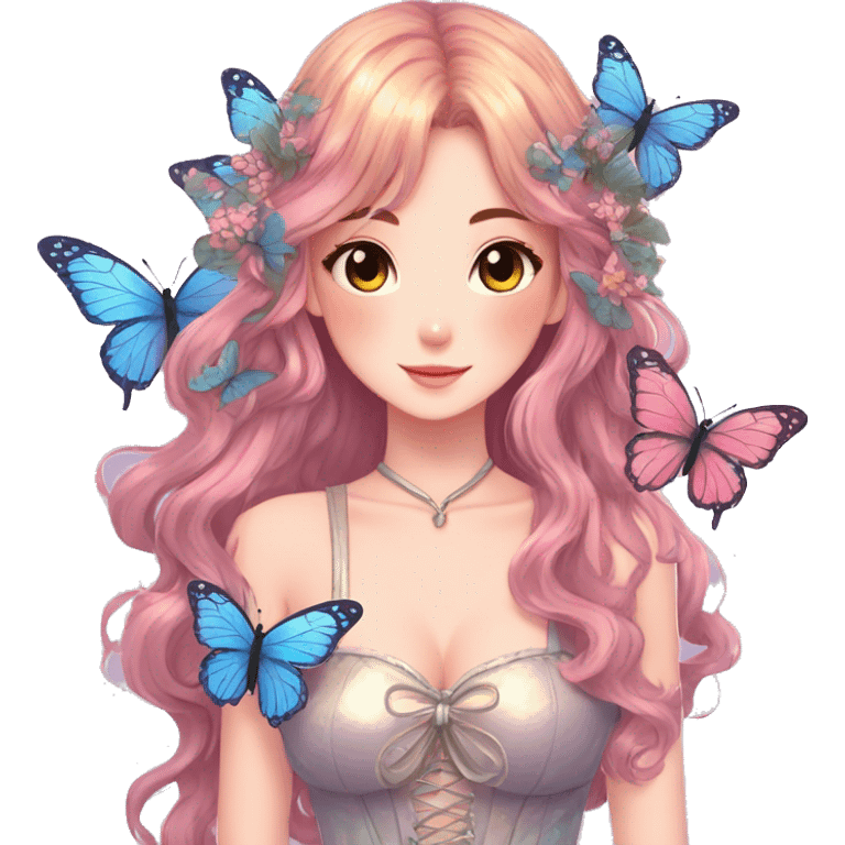 gorgeous shiny anime lady with butterflies and beautiful hair fairycore cottagecore high quality detailed emoji