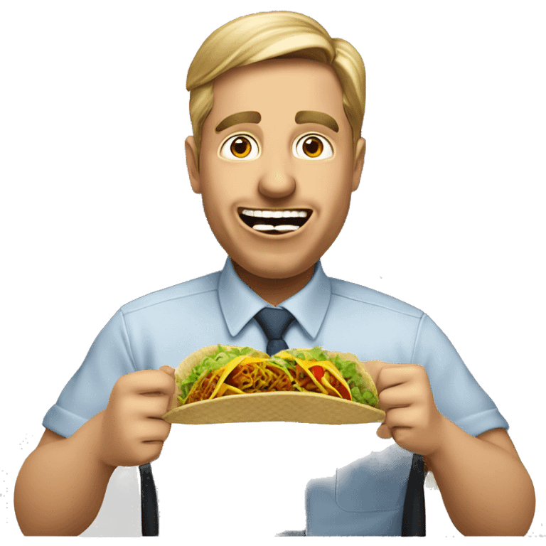 A Chief Operating Officer (COO) making a hilarious, exaggerated funny face while eating tacos, in a modern office setting. emoji