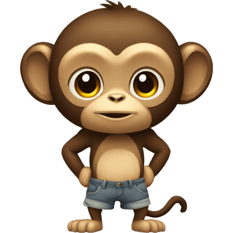 Monkey with shorts and standing near a wall and keeping a hand on it emoji