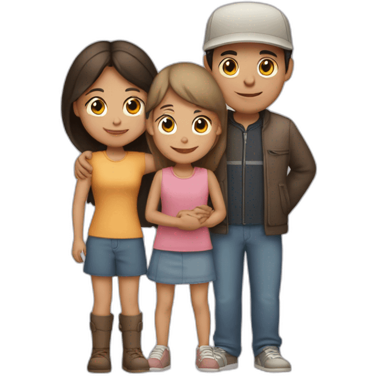 A girl hugs both her parents (light skin color, dark hair - mother with a headdress and father with a cap) emoji