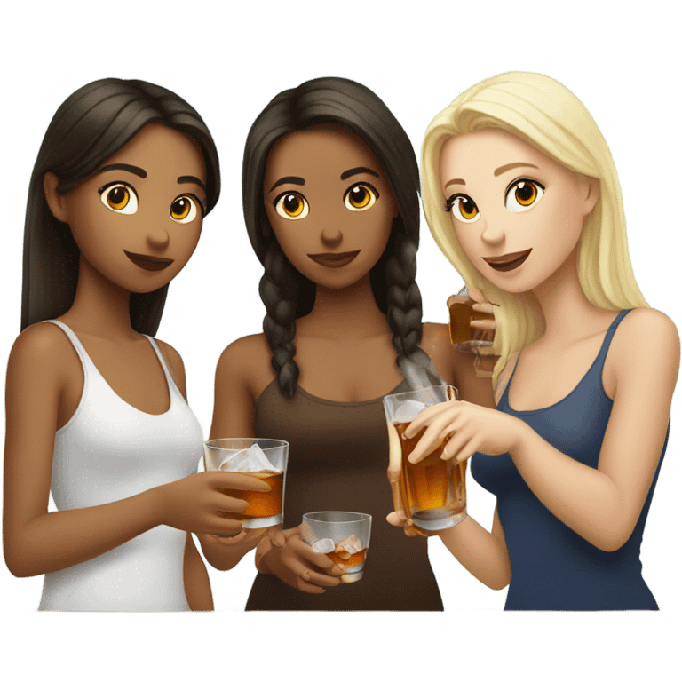 Two brunette girls and one blonde girl are drinking whiskey from an ice glass emoji