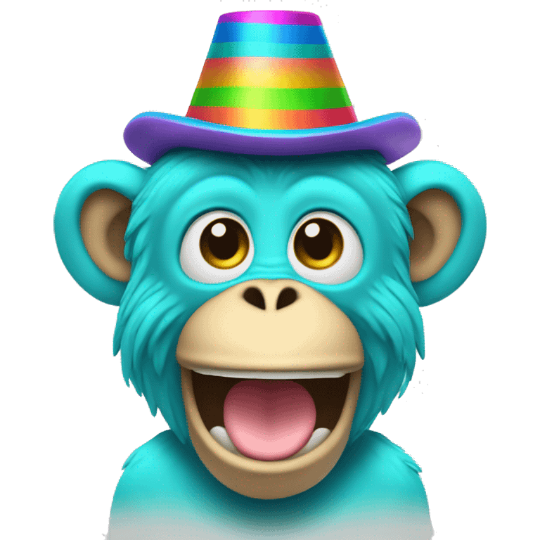 Cyan monkey with rainbow party hat emoji