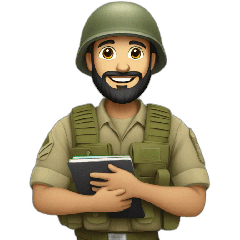 bearded IDF soldier happy holding notebook and pen emoji