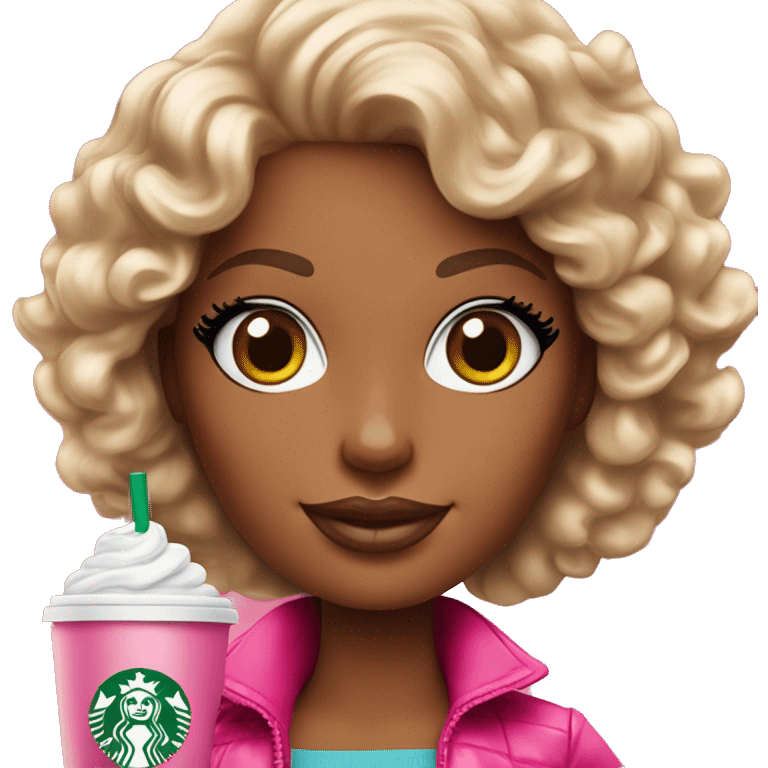 Barbie girl with curly hair holding Pink starbucks refresher emoji