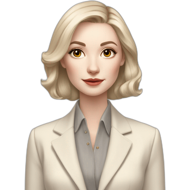 pale skin woman with ash blonde Straightened bob Hair, White Spacious classical jacket, beige palazzo Arrow pants and gray blouse holding RAL colour palette in the hands emoji