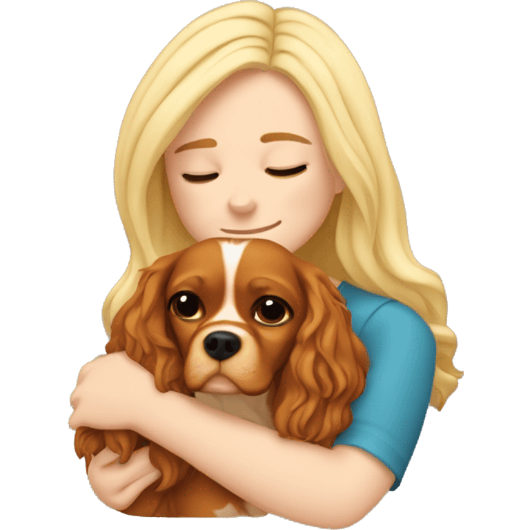 Blonde-girl-long hair- eyes closed- hugging a  Cavalier King Charles Spaniel dog emoji