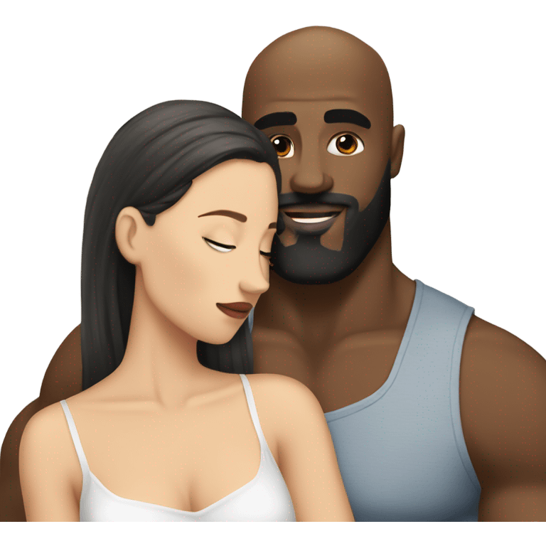 White brunette kissing muscular black bald man with beard emoji