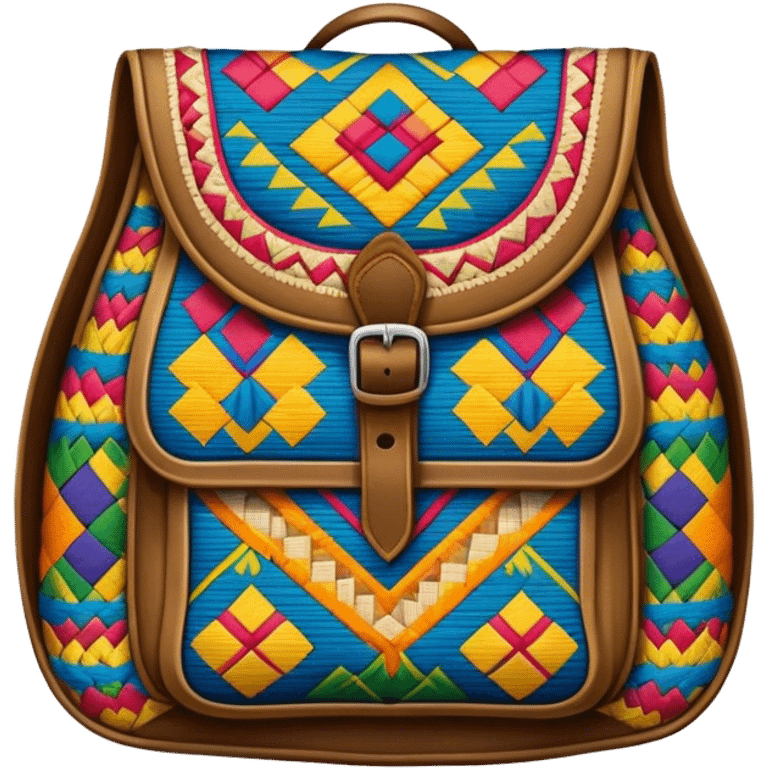 Cinematic Realistic image of a traditional Colombian mochila, rendered with detailed woven textures and vibrant patterns, set against a rustic backdrop with soft, cultural lighting emoji