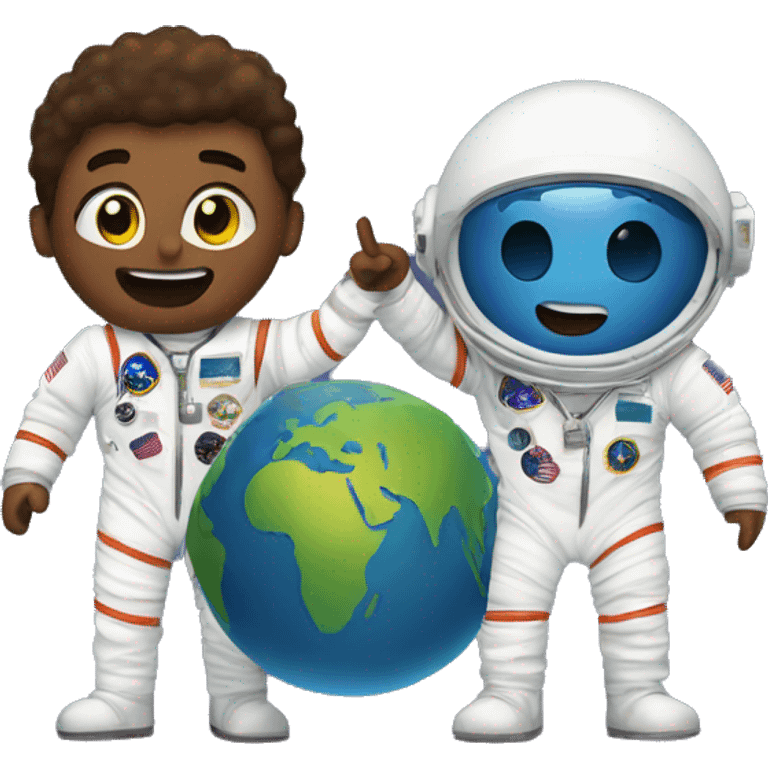 earth with astronaut looking at it and another astronaut behind him pointing at him behind his back emoji