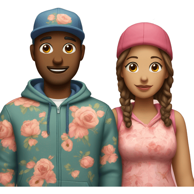 an couple, the man wearing cap and hoodie. the girl wearing an floral dress emoji