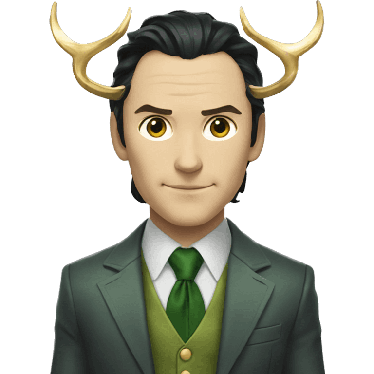 marvel's loki dressed in a grey suit and green tie with loki's golden horns emoji