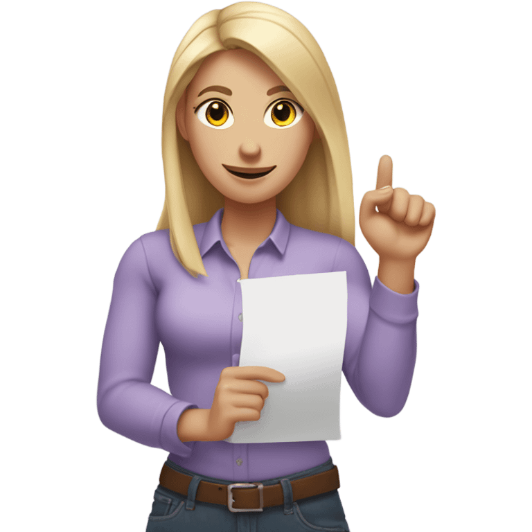 White woman with long blonde hair, wearing a light purple shirt, showing off a completed to do list in one hand, and flexing her other arm emoji