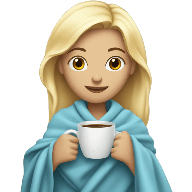 Blonde girl drinking coffe inside a light blue blanket emoji