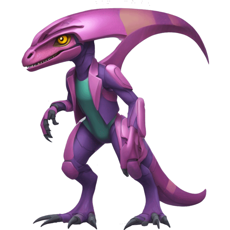 Colorful Edgy Velociraptor-Genesect-Fakémon-Pokémon wearing a with a futuristic cyber-helmet And suit Full Body emoji