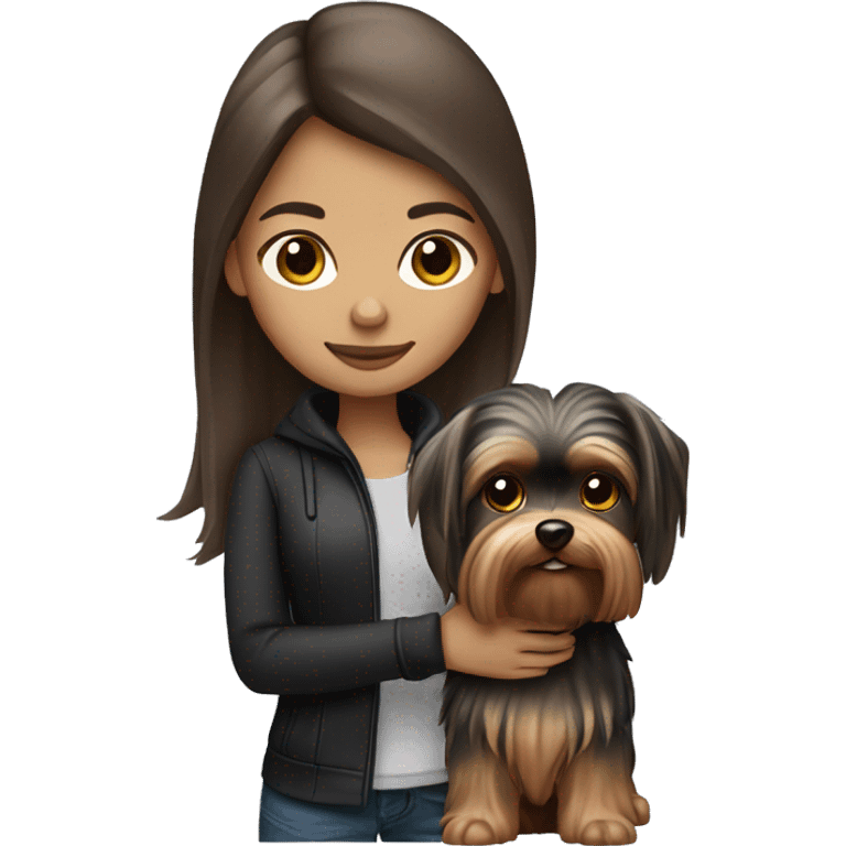 Brunette long hair girl light tan skin holding Yorkshire terrier emoji