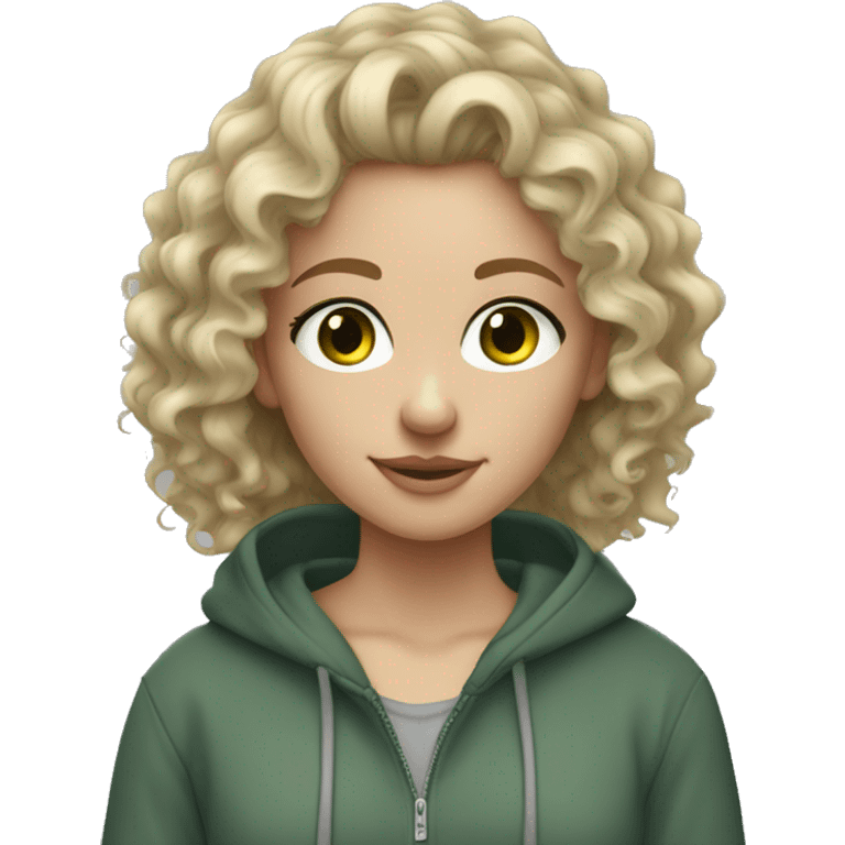 Dirty blonde curly hair, fair skin,dark green eyed blonde girl wearing grey hoodie  emoji