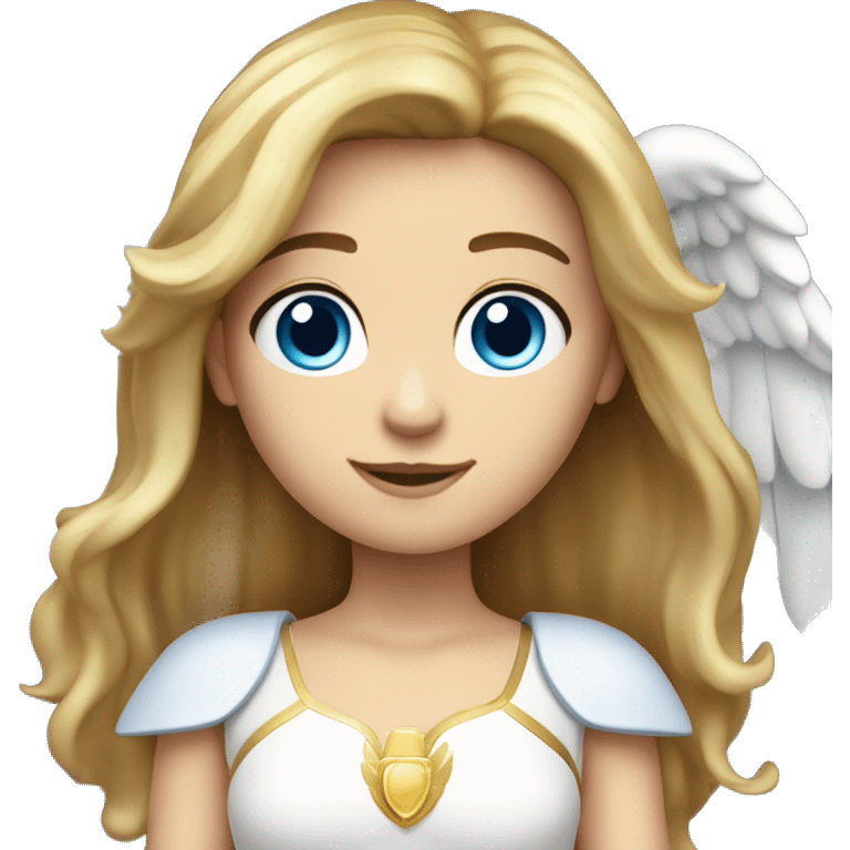 Caucasian brunette Angel with long straight hair, dimples, big blue eyes, golden halo and wings emoji