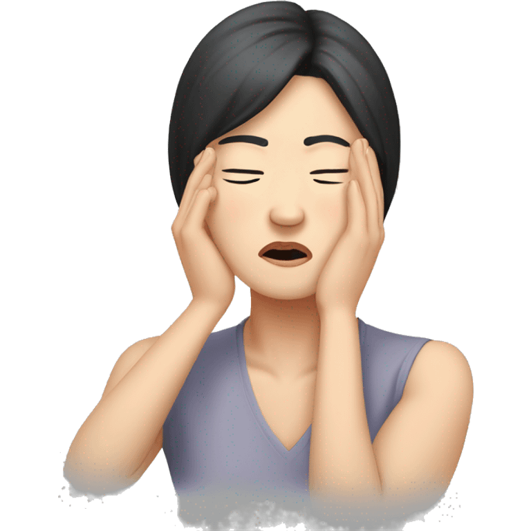 Headache, middle-aged Korean woman in her 40s, with only one hand on her head, painful face, black hair emoji