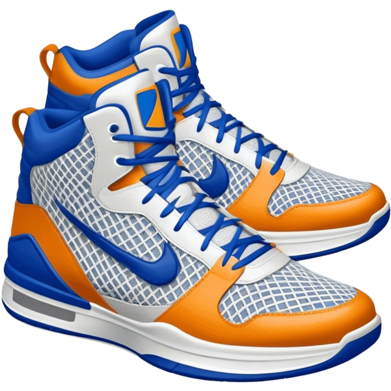 Cinematic Realistic image of a pair of basketball sneakers featuring detailed mesh and leather textures, vibrant color accents and dynamic design lines, illuminated by bold, high-energy arena lighting emoji