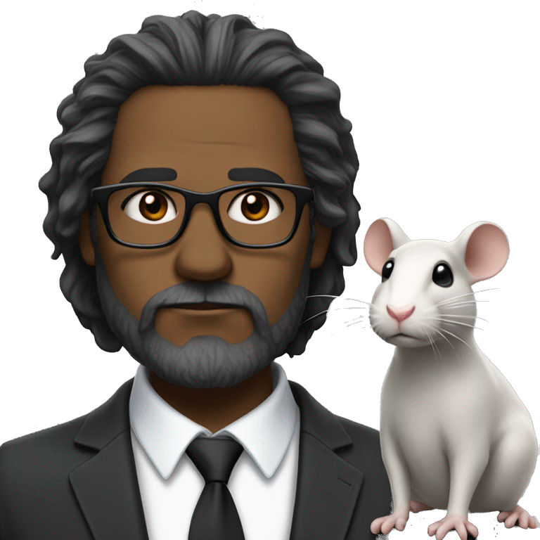 A middle-aged man with a blank expression on his face, a black trimmed medium beard, black glasses, long messy hair, wearing a suit with a white rat on his shoulder emoji