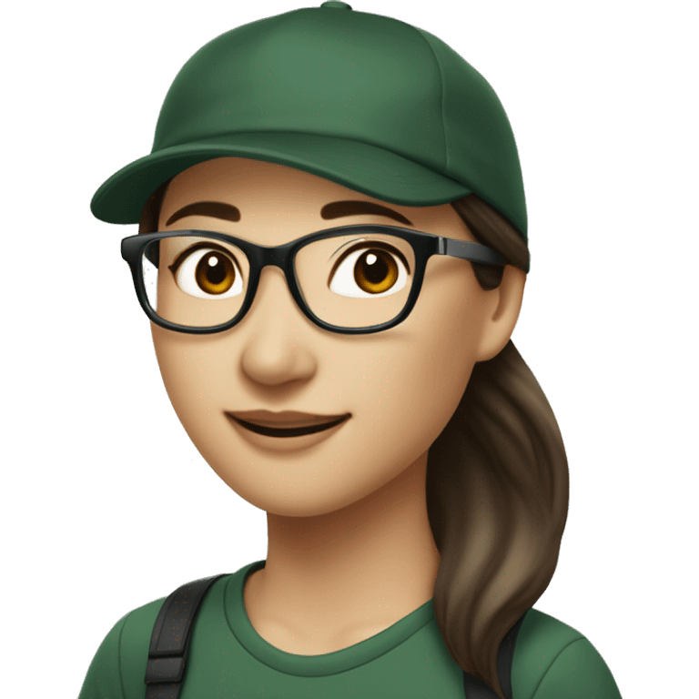 Hyper realistic, look from side, asian adult woman, light white skin, smiling with teeth, black eyes, spotted frame glasses, long brown straight hair with highlighted strands, black T-shirt, dark green cap. emoji