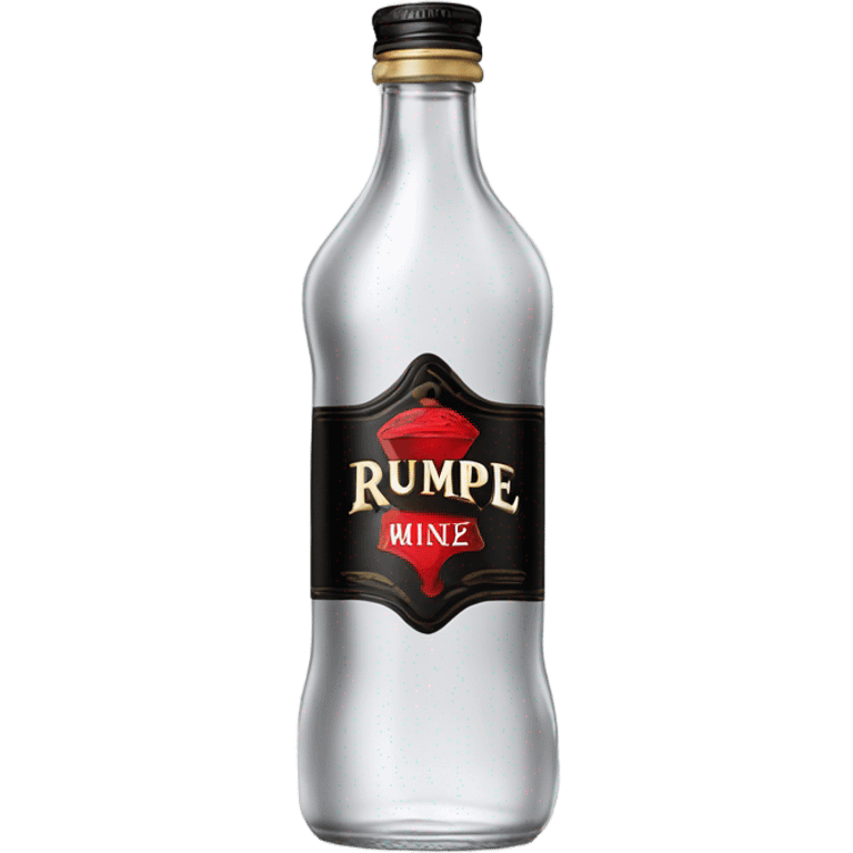 Tall clear alcohol bottle of rumple minze alcohol with black and red label emoji