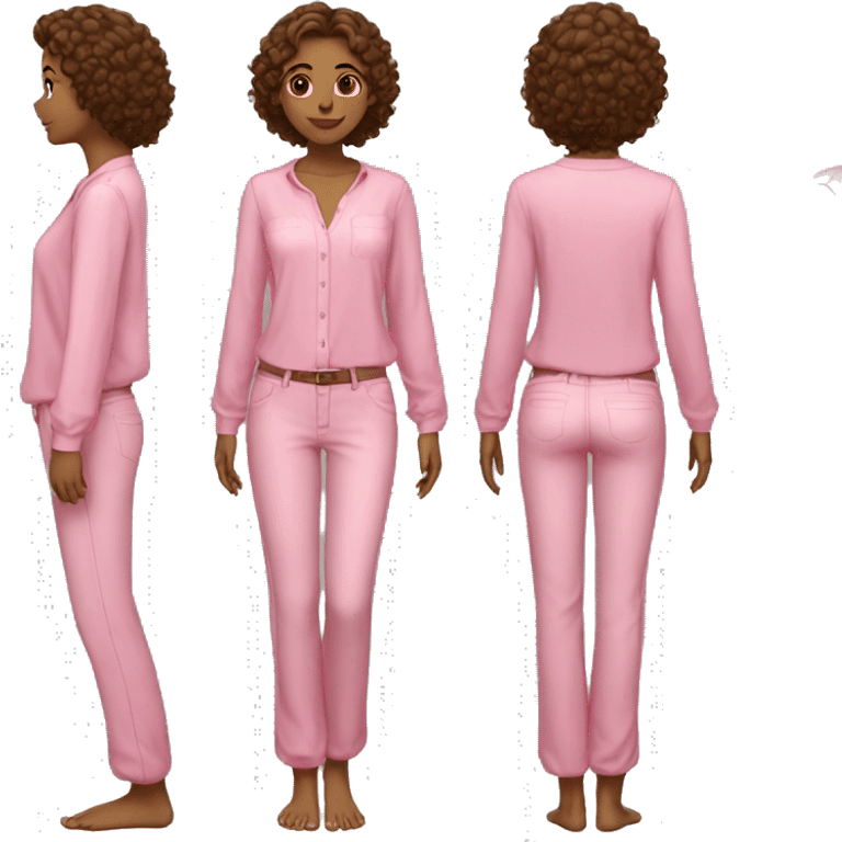 girl with straight curly hair with long sleeve pants with bare feet with flip flop with short sleeve blouse black pants pink blouse showing and pretty face emoji