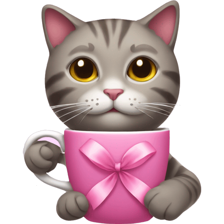 Cat with a pink ribbon drinking coffee emoji