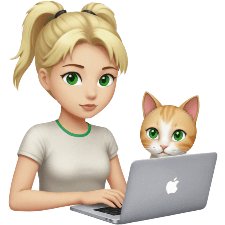 Blonde girl ponytail green eyes with apple MacBook and a cat emoji