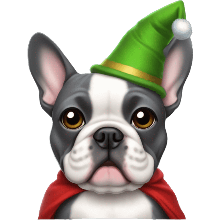 Dark grey French bulldog in elf costume emoji