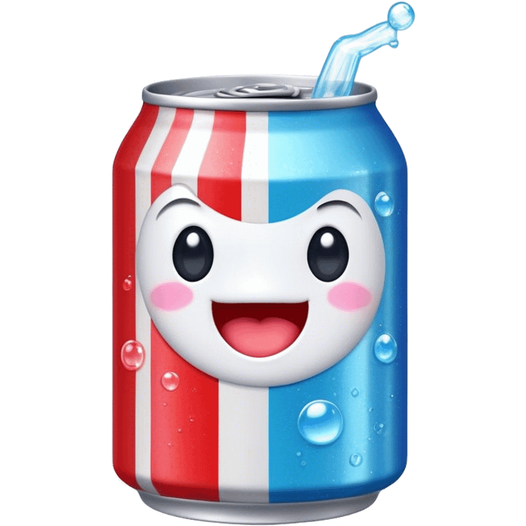 Cute Kawaii Soda Can, bubbly and vibrant, bright red and blue stripes, playful fizz popping around, a chubby happy face with wide sparkling eyes, energetic and refreshing! emoji