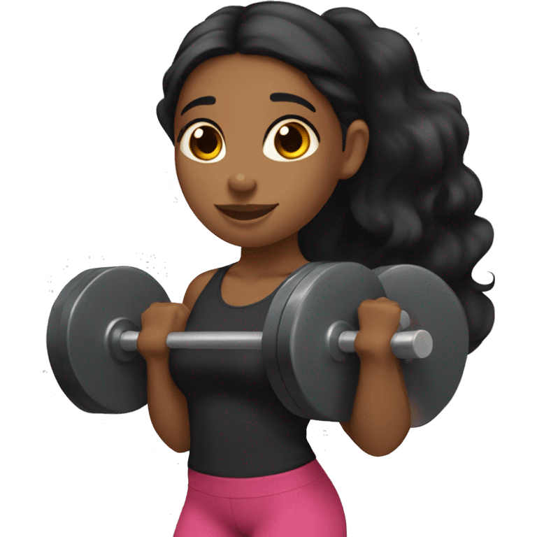 Brown girl with long black hair lifting weights emoji