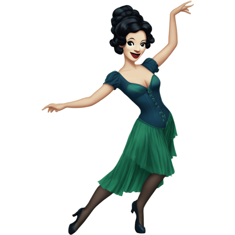 Burlesque dancer with black hair, pale skin, and green eyes in a dark blue vintage costume dancing emoji