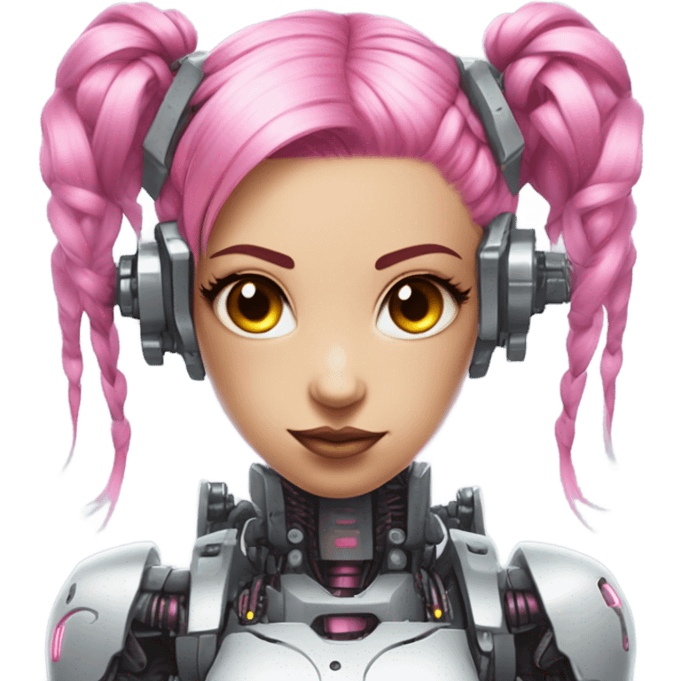 cyborg girl, pink hair, robot body, gynoid, twintails, cyberpunk emoji