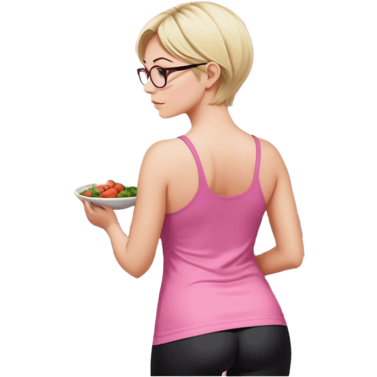 Render from knees up, view from the back, fair skinned woman, curvy, short blond hair, small reading glasses, cooking dinner in kitchen, pink loose tank top, showing natural B cup breast shape SFW, black yoga pants, large curvy booty emoji