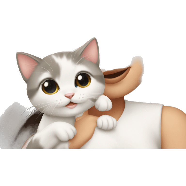 Cute brunette girl with white kitten emoji