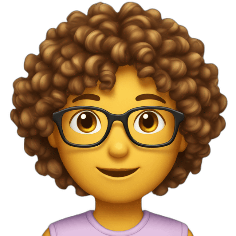 Human emoji, skin #8f6354 color, hair curly long with gradient from #382b26 to #876c55, has glasses with rectangular shape, has tortoiseshell cat ears, and is happy emoji